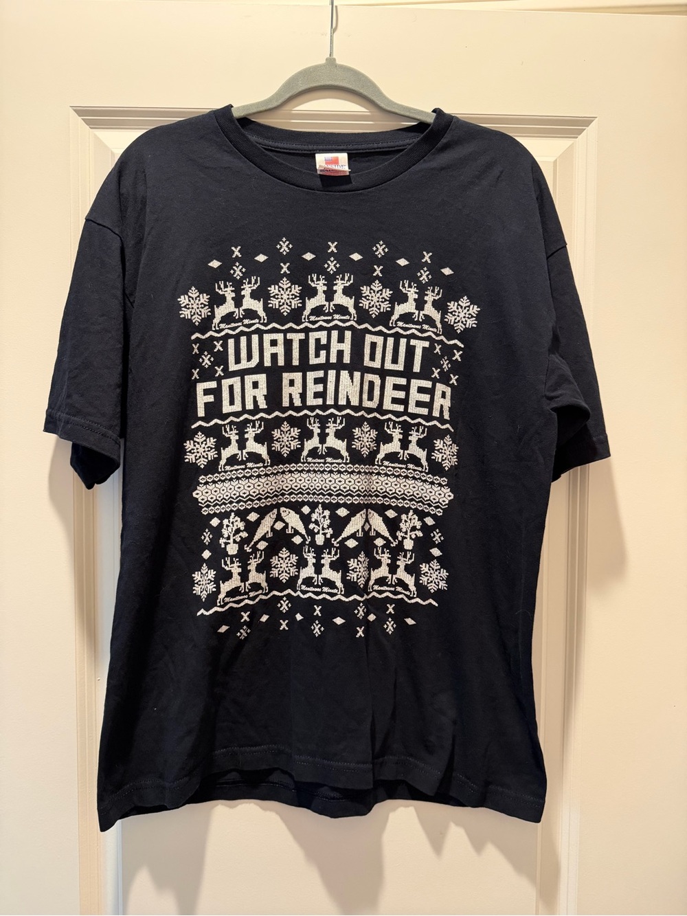 Women's Black Graphic Short Sleeve Tee - 'Watch Out For Reindeer'
